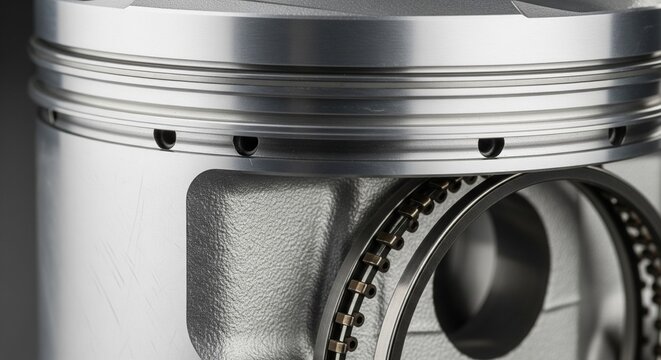 A detailed, macro shot of a shiny metallic engine piston showing the ring grooves and wrist pin area