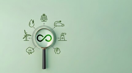 Fototapeta premium Minimalist magnifying glass with infinity symbol and icons for business success, growth, and analysis concept