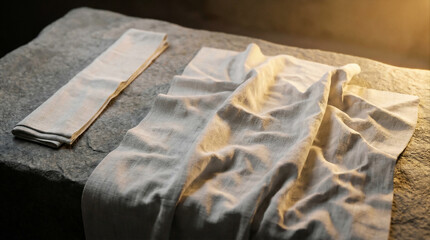 Fototapeta premium Close up crumpled white linen grave cloths on stone slab, morning light, folded head cloth, empty tomb