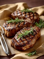Grilled steak with rosemary garnish on rustic parchment