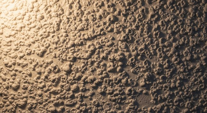A close-up, high-detail shot of a classic popcorn ceiling texture illuminated by a warm, angled light