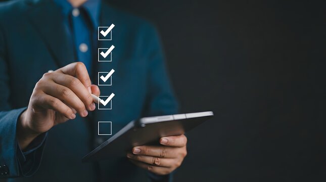 Business professional selecting digital checkboxes on virtual interface with futuristic technology and success concept