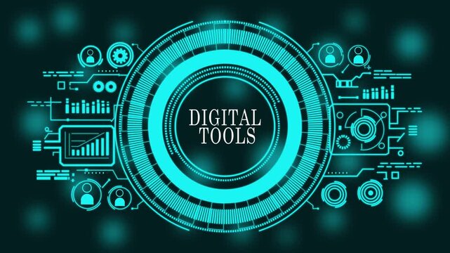 Futuristic digital tools Analytics Dashboard Interface with Blue Neon HUD Elements Showing Business Data Visualization, Digital Strategy Insights, Market Analysis, Technology Innovation,