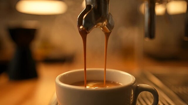 Close up of espresso being extracted into a white cup for enjoyment