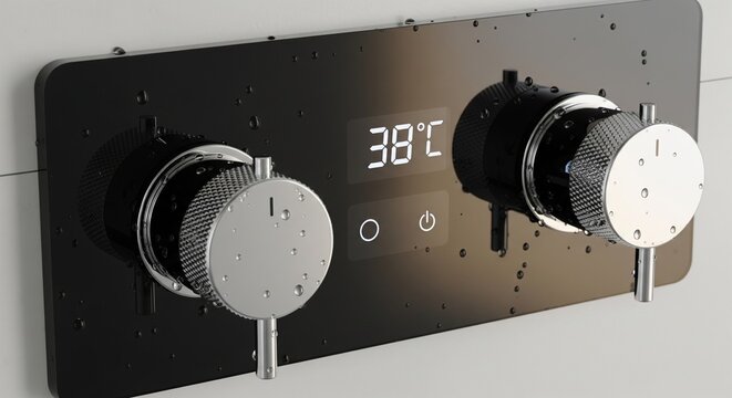 A smart digital shower control panel in black glass with chrome knobs, displaying a temperature of 38&deg;C with water droplets on the surface