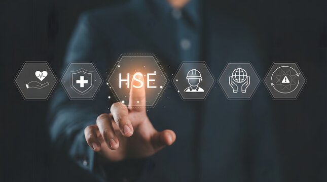 Business professional touching HSE health safety environment icons on digital interface for workplace compliance and risk management