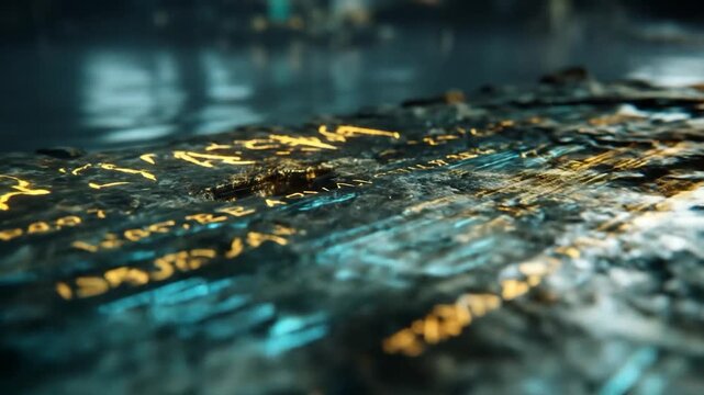 Close-up of a weathered metallic surface with gold and blue hues in a dark room