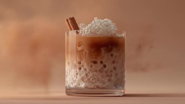 Cinnamon spice powder explodes around a refreshing glass of brown boba tea with ice.