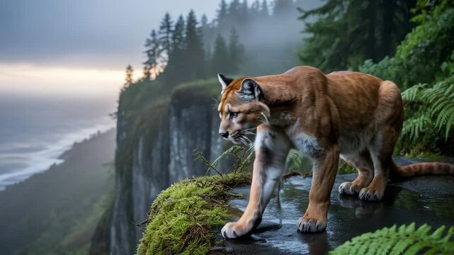 Cougar standing on cliff edge overlooking forest valley view