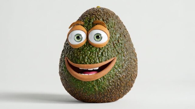 A cheerful cartoon avocado with big eyes smiles on a white background.