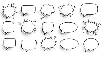 Fototapeta premium A set of comic speech bubbles with retro halftone shadow effects on white background