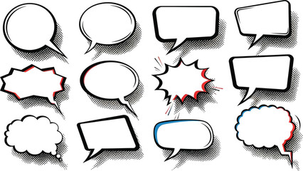 A collection of comic speech bubbles with halftone shadows and subtle color accents on white background © SanaMuhyUdDin