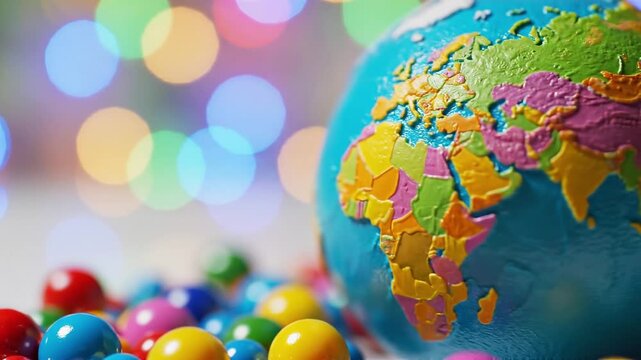 A detailed colorful plastic terrestrial globe is placed among shiny multi-colored round candies against a festive bokeh background of blurred lights.