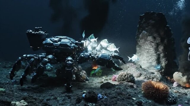 Underwater Pollution Scene with Plastic Waste and Marine Life.