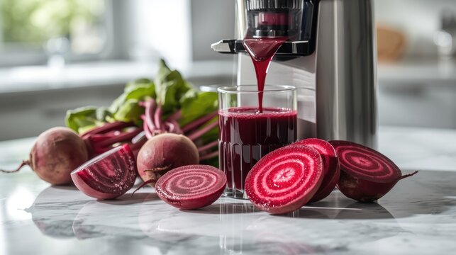 Healthy Lifestyle Concept: Fresh Beetroot Juice Pouring from a Modern Juicer Machine into a Glass with Sliced Beets on a White Marble Table
