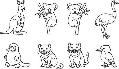 Adorable cartoon outline drawing collection featuring popular Australian wildlife including kangaroo koala emu platypus and kookaburra for children © faij sayed