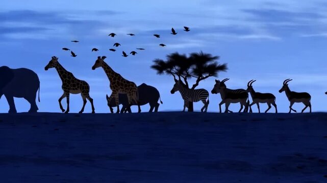 Walking across the African savanna, silhouetted wildlife including a large elephant, tall giraffes, and zebras move against a deep blue twilight sky.