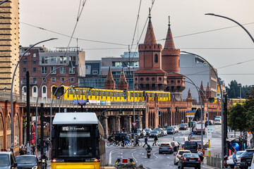 Busy cityscape showing Oberbaum Bridge, U-Bahn, and cars © william87