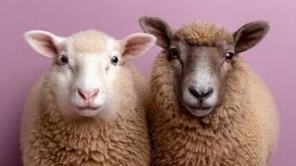 Obraz premium Two fluffy sheep against pastel pink background