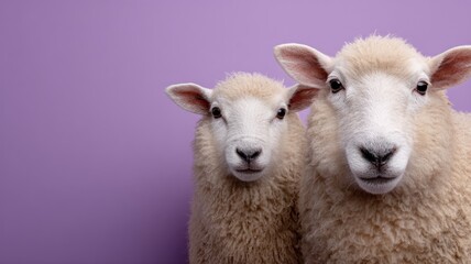 Obraz premium Two sheep with woolly coats against purple background