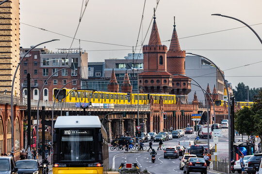 Busy cityscape showing Oberbaum Bridge, U-Bahn, and cars