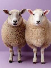 Fototapeta premium Adorable sheep pair standing against purple background