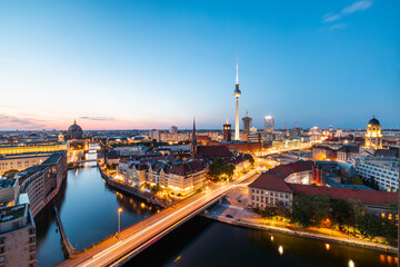 Berlin cityscape twilight view showing TV Tower and bridges