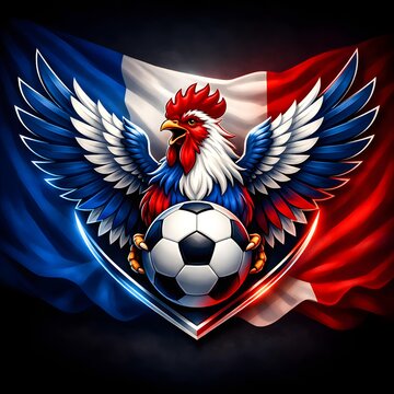 French Gallic Rooster Soccer Emblem with France Flag Background