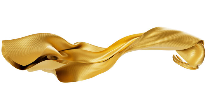 Sophisticated luxury gold self-striped fabric captured mid-air, isolated on a transparent background with copy space, 3D render