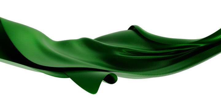 3D render of luxury green self-striped fabric flowing in the wind, isolated on transparent background with copy space