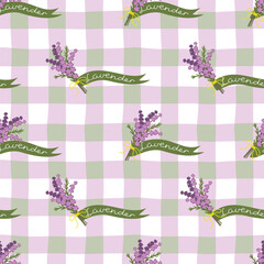 Lavender seamless pattern with tartan check background. Bouquets of flowers with bows and hand written. Green, yellow, ilac colors. Print on fabric and paper. Vector design for textile, wallpaper.