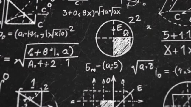 Chalkboard filled with complex mathematical equations, diagrams, and graphs for study.