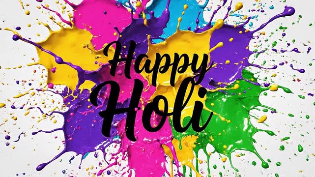 Happy Holi typography animation with colorful paint splashes on a white background for Indian festival celebration and cultural greetings.