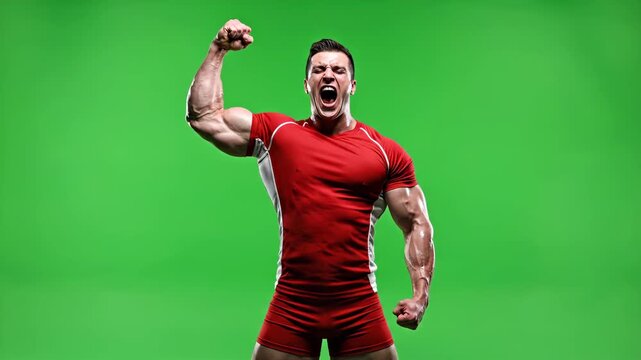 Muscular man in red outfit celebrating victory with raised fist