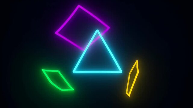 Abstract neon geometric shapes on a black background glowing in the dark