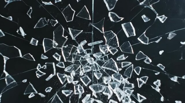Broken glass pieces scattered on dark surface, sharp edges reflect light creating striking contrasts and patterns.
