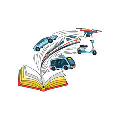 Vehicles emerging from an open book, illustrating transportation concepts in a creative illustration