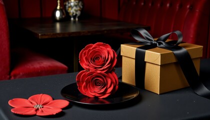Obraz premium Elegant Red Roses Arranged Artistically on Black Plate Next to Gold Gift Box with Black Ribbon in Luxurious Setting