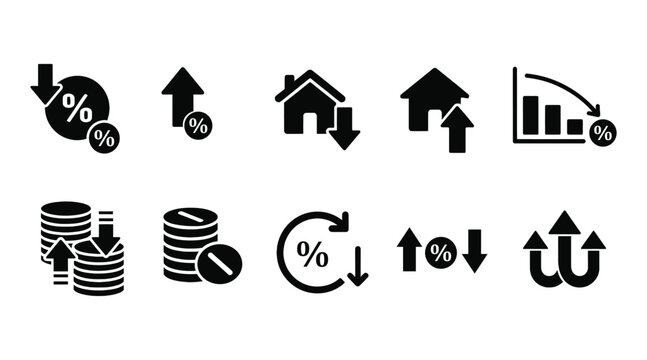 Collection of financial trend icons illustrating market movements, interest rate changes, property value fluctuations, and investment growth or decline in a clear, versatile vector for
