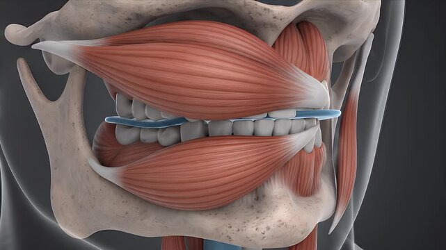Detailed 3D Animation of Adult Human Jaw Anatomy Demonstrating Mastication Muscles and Dental Structure in a Medical