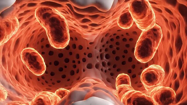 Detailed 3D CGI Animation Illustrating Tooth Decay Progression with Microscopic Cellular Activity in a Dark Medical