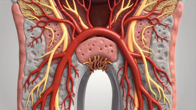 Detailed 3D CGI Medical Visualization of Adult Molar Tooth Anatomy Showing Enamel Dentin Pulp and Blood Vessels
