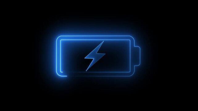 glowing neon symbol of vertical symbol of charging empty battery isolated on black background. glowing battery icon with Lightning bolt symbol. Batter icon illustration image icon.4k video animation.