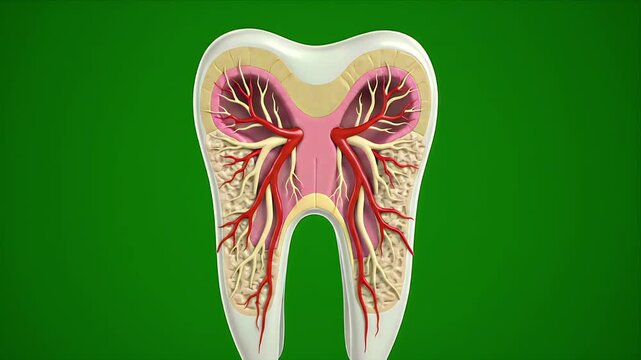 Detailed CGI 3D cross-section of a healthy adult human molar showing enamel dentin pulp and root structures with blood