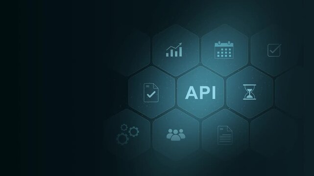 API Application Programming Interface Concept. A programmer types on a laptop, interacting with digital icons representing API development, security. digital interface on cyan color background