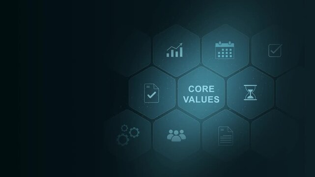 shows glowing neon line banner of CORE VALUES concept with icons of responsibility, customers, integrity, goals, teamwork, digital interface on cyan color background