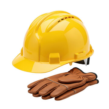 A yellow hard hat and a pair of brown work gloves