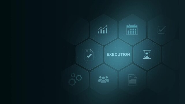 execution concept depicting business process , business insights from large data sets, Animated data analytics banner web icons. digital interface on cyan color background