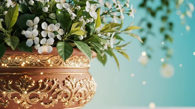 Floral gudi padwa decoration video featuring traditional pot with white blossoms spring leaves soft bokeh light festive hindu new year celebration background