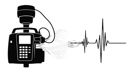 Medical cardiogram ECG monitor with heartbeat rhythm line on screen, modern healthcare technology concept, black and white illustration